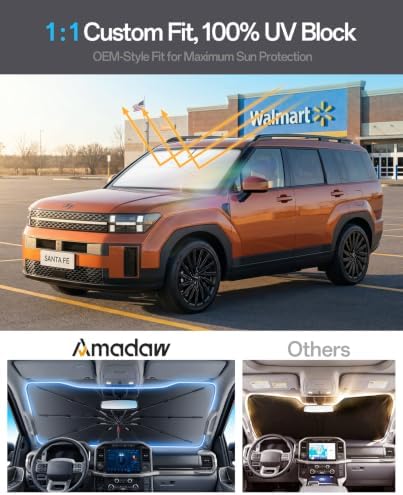 Windshield Sun Shade for Hyundai Santa Fe 2001–2026, Foldable Umbrella Sunshade with 100% UV Block, Multi-Layer Heat Insulation, Reinforced 10-Rib Frame, Keeps Car Cooler - Image 3