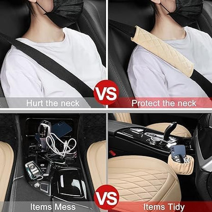 Front Car Seat Covers - Leather Seat Covers with Storage Pocket and Two Belt Pads, Anti-Slip Waterproof Universal Seat Covers for Cars Fit Cars Trucks SUV(Beige,2 Pack) - Image 5