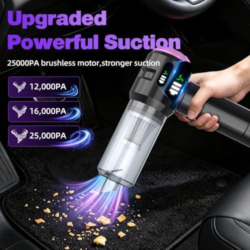 Wansimoo Handheld Car Vacuum Cleaner,25000PA Strong Cyclonic Suction Car Vacuum Portable Cordless with Digital Display Mini Vacuum for Car, Home, Office, Kitchen (Purple) - Image 2