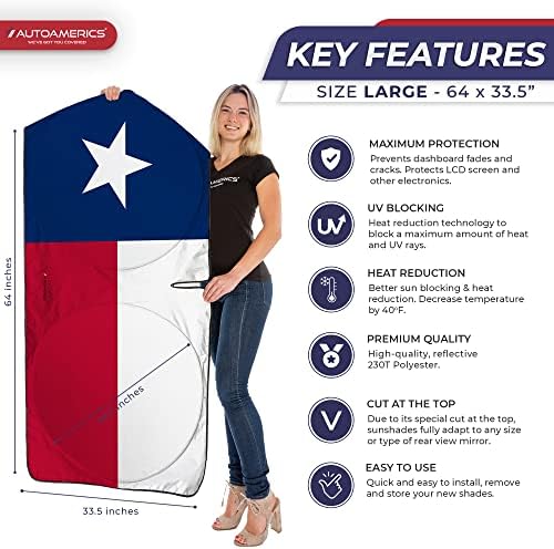 Autoamerics 1-Piece Windshield Sun Shade American Texas Flag USA Patriotic Design - Foldable Car Front Window Sunshade for Sedans SUV Truck - Blocks Max UV Rays and Keeps Your Vehicle Cool - Large - Image 2