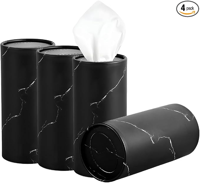 DXNQ 4 PCS Car Tissues Holder, Car Cup Holder Refillable Travel Tissues Tube with Facial Tissues, Portable Cylinder Round Tissue Boxes Container Decor for Car Office Home (Marble Black) by DXNQ