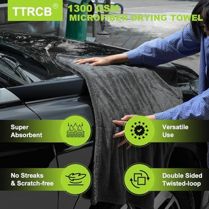 TTRCB 2 Pack Car Drying Towel, 1300 GSM Microfiber Towels for Cars (36" x 24" & 16" x 16"), Car Wash Mitt, Ultra-Absorbent, Streak Free, Car Wash Kit, Car Cleaning Detailing Supplies for SUVs, Trucks - Image 2
