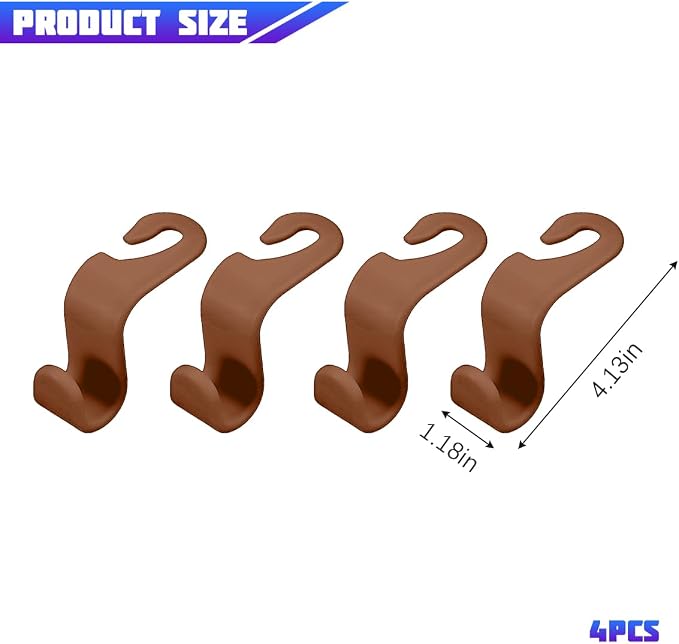 4 Pack 4.13 Inch Car Seat Headrest Hooks, Brown | plastic body, supports up to 55 lb, tool-free post fit, rotates beneath headrest when idle, interior storage accessory - Image 2