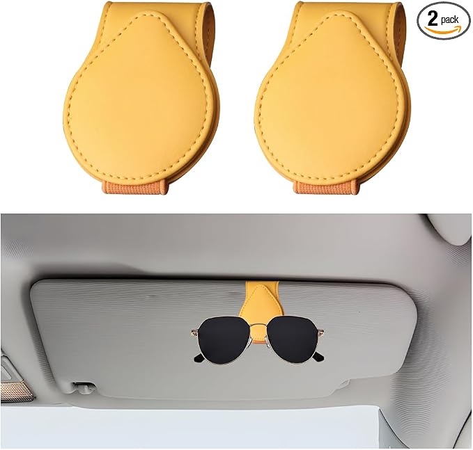 Mandark 2PCS Magnetic Sunglass Holder for Car Visor, Leather Vehicle Eyeglass Hanger Clip, Automotive Interior Ticket Card Glasses Organizer Clamp Accessories, Universal Fit (Yellow) by Unknown