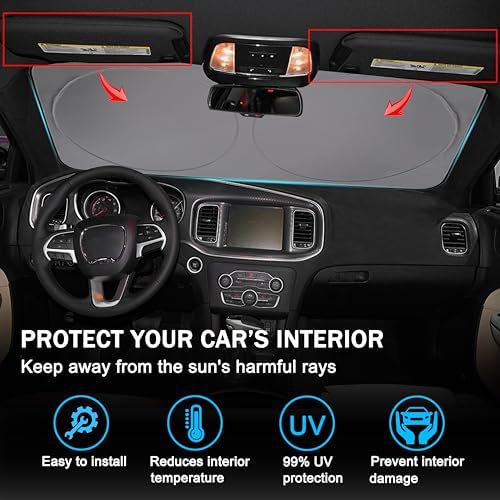 YOSRTER Front Windshield Sun Shade Fit for Dodge Charger Challenger Durango Journey Universal Fit to All Dodge Cars Foldable Sun Visor Protector Custom Fit Dodge Window Sunhade (Black White) - Image 4