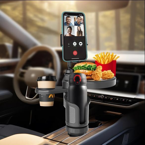 4-in-1 Car Cup Holder Expander with 360° Swivel Tray, Universal Adjustable Base for Large Mugs and Bottles, Integrated Smartphone Mount for Food and Snacks, Black - Image 2