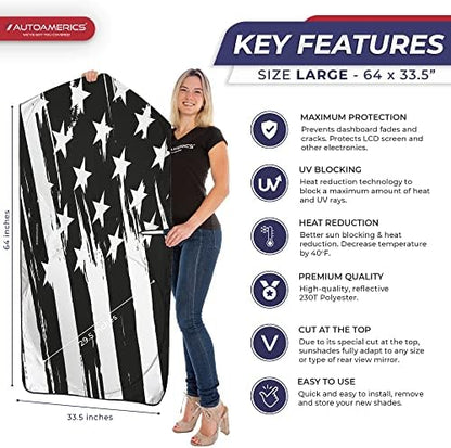 Autoamerics 1-Piece Windshield Sun Shade B&W Art American Flag USA Design - Foldable Car Front Window Sunshade for Most Sedans SUV Truck - Blocks Max UV Rays and Keeps Your Vehicle Cool - Large - Image 2