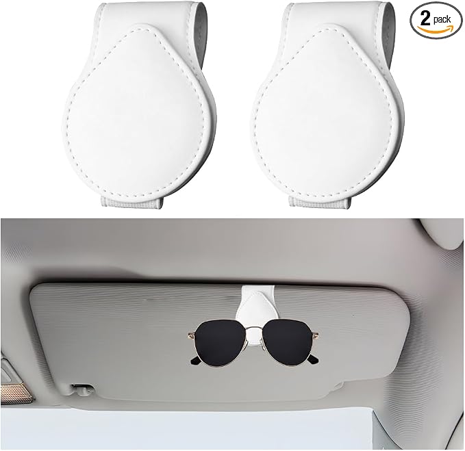 Mandark 2PCS Magnetic Sunglass Holder for Car Visor, Leather Vehicle Eyeglass Hanger Clip, Automotive Interior Ticket Card Glasses Organizer Clamp Accessories, Universal Fit (White) by Unknown