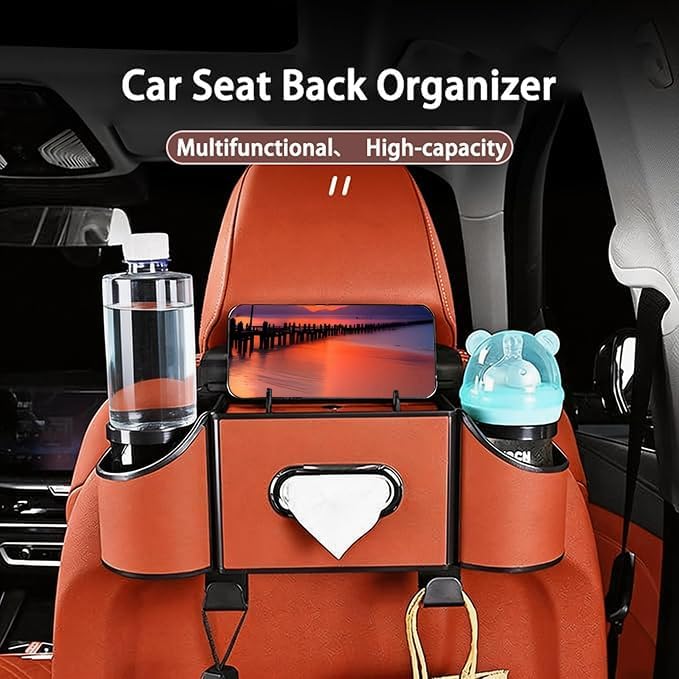Back Seat Car Organizer,4 in 1 Multifunctional Car Back Seat Storage Box with Drink Cup Holder Tissue Box, for Hold Phone,Snacks, Drinks, Handbag-Orange - Image 3