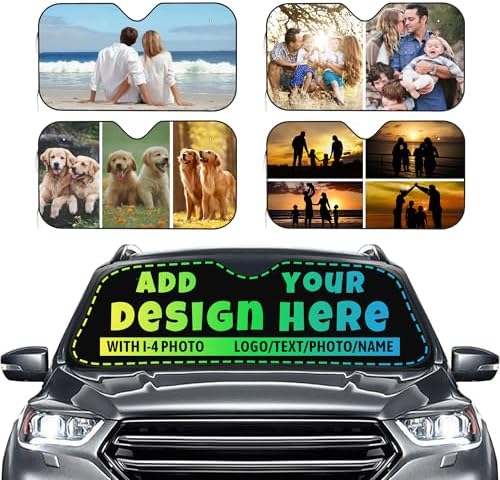 Custom Car Windshield Sunshade Personalized Sun Visor with 1-4 Photo Design Your Own Photo Logo Text Customized Windshield Sun Shade Fit for Most Car Vehicle Windscreens by Custom