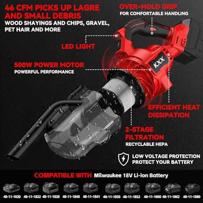 KXX Cordless Vacuum for Milwaukee M18 Battery, 5 in 1 Handheld Electric Vacuum Cleaner with 500W Powerful Motor, 46 CFM Portable Hand Vacuum with Filtration HEPA for Floor, Carpet, Car (Tool Only) - Image 3