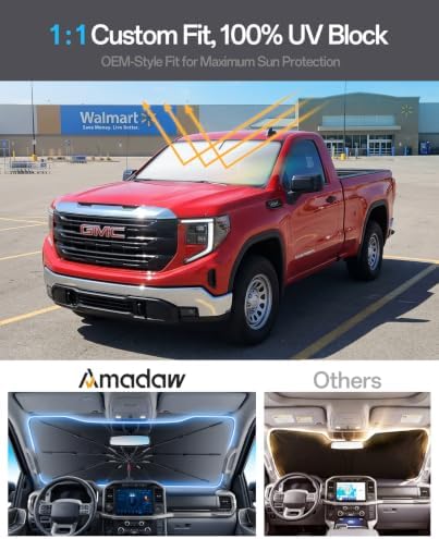 Windshield Sun Shade for GMC Sierra 1500/2500/3500 2000–2026, Foldable Umbrella Sunshade with 100% UV Block, Multi-Layer Heat Insulation, Reinforced 10-Rib Frame, Keeps Car Cooler - Image 3