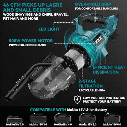 Cordless Vacuum for Makita Battery, 5 in 1 Handheld Electric Vacuum Cleaner with 500W Powerful Motor, 46 CFM Portable Hand Vacuum with Filtration HEPA for Floor, Carpet, Car (Battery Not Included) - Image 3