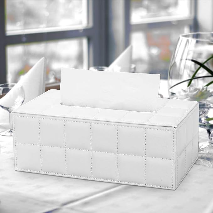 KINGFOM Rectangular Tissue Box Cover, Imitation Suede PU Leather Tissue Box Holder, Facial Napkin Paper Dispenser for Home Office Car Automotive Decoration with Magnetic Bottom(Soft White) - Image 6