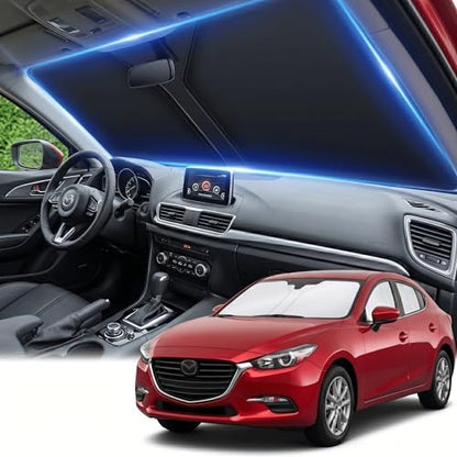 for Mazda 3 Windshield Sun Shade 2014-2026, Front Window Shade Custom Fit Mazda3 Accessories Sun Visor Foldable Shade Blocks UV Rays Summer Must Have Car Accessories by AuyNeas