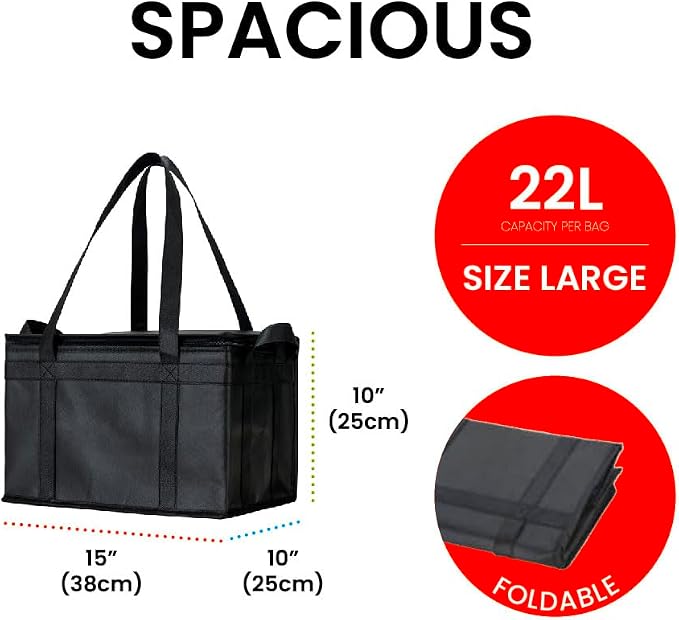 NZ home Insulated Food Bag, Portable Cooler Tote (Large, Black, 2 Pack) | Thermal bag, For cold and hot food, Soft sided cooler, Heavy duty 6-layered tote, Grocery shopping, Beach or travel bag - Image 2