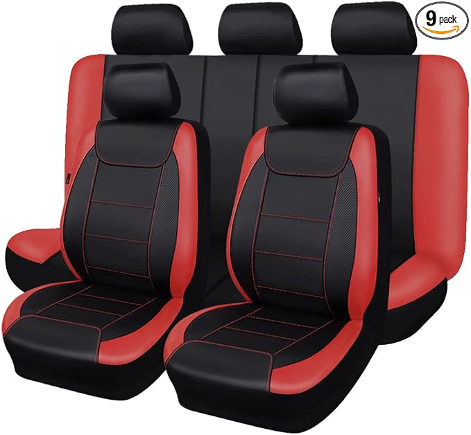 Flying Banner car seat Covers Protects Water Proof Faux Leather Carbon Fiber Front and Rear Bench (Red Black, Full Set - 9PCS) by FlyingBanner