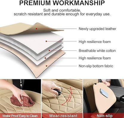 Front Car Seat Covers - Leather Seat Covers with Storage Pocket and Two Belt Pads, Anti-Slip Waterproof Universal Seat Covers for Cars Fit Cars Trucks SUV(Beige,2 Pack) - Image 3