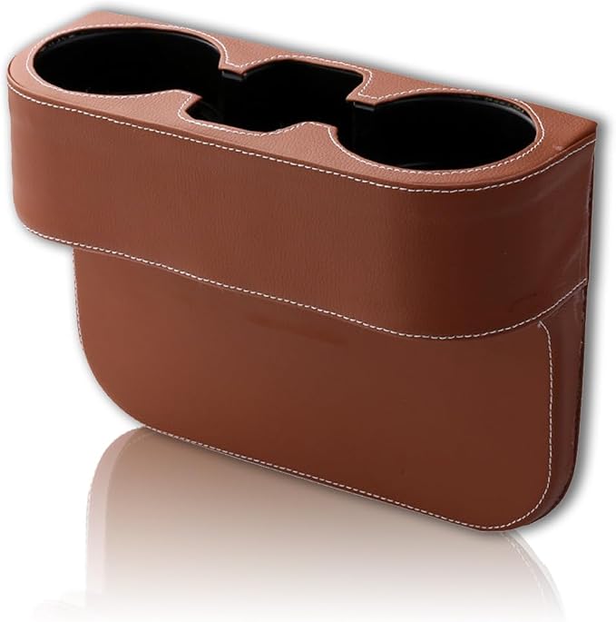Car Cup Holder, Auto Front Seat Gap Interior Drink Organizer, Multifunctional Cup Drink Holders with PU Leather Cover, Gap Filler Storage Box Coin Bucket Console Side Pocket Key Wallet Holder (Brown) - Image 2