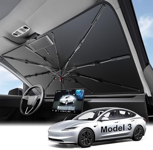 2026 Upgraded Windshield Sun Shade Umbrella for Tesla Model 3 [Precision Custom Fit, Superior UV & Heat Block] Cooling Tech Fabric, Durable Foldable with Storage Bag, Fits 2017-2026 by Unknown