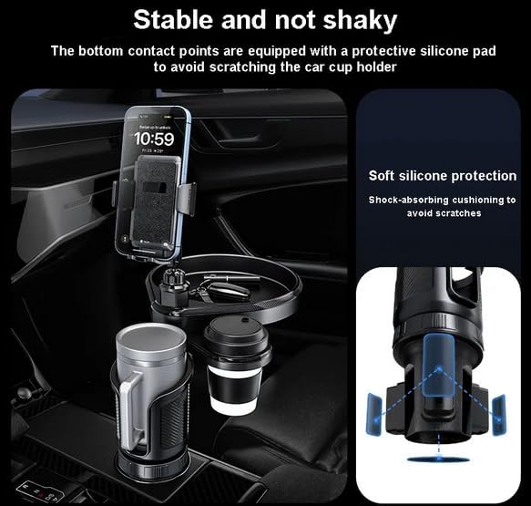 4-in-1 Car Cup Holder Expander with 360° Swivel Tray, Universal Adjustable Base for Large Mugs and Bottles, Integrated Smartphone Mount for Food and Snacks, Black - Image 4