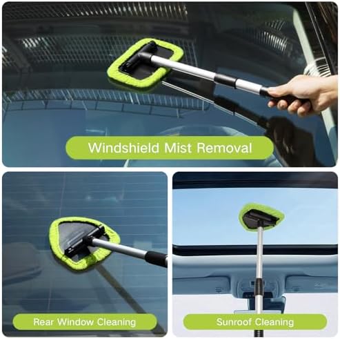 Qydipclin 10pcs Windshield Cleaner Tool, Car Window Cleaning Wash Kit with 4 Reusable Microfiber Pads 1 Spray Bottle and Extendable Handle Auto Glass Wiper Kit, Green - Image 2