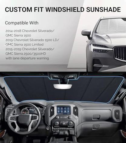 Windshield Sun Shade for Chevy Silverado GMC Sierra 1500 2014-2018, 2500/3500HD 2015-2019 & Sierra Limited 2019, Fits Models with Lane Departure Warning, Reflective Aluminum Film - BLAZBLOCK - Image 2