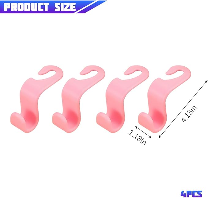 4 Pack 4.13 Inch Car Seat Headrest Hooks, Pink | plastic body, supports up to 55 lb, tool-free post fit, rotates beneath headrest when idle, interior storage accessory - Image 2