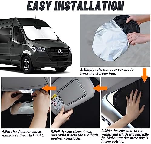 D-Lumina Windshield Sun Shade for 2007-2025 Merce-des Benz Sprinter ＆ Freightliner Sprinter Accessories, Front Window Sunshade Sun Visor Protector Block UV Rays Heat, Foldable 2 Layers 210T Material - Image 5