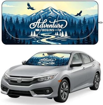 Windshield Sun Shade for Car, 63"x28.5" Stylish Printed Front Window Sunshade with Double Steel Ring Frame, Universal Fit Foldable Heat Blocker & UV Protector, with Storage Pouch (Peak) by Unknown