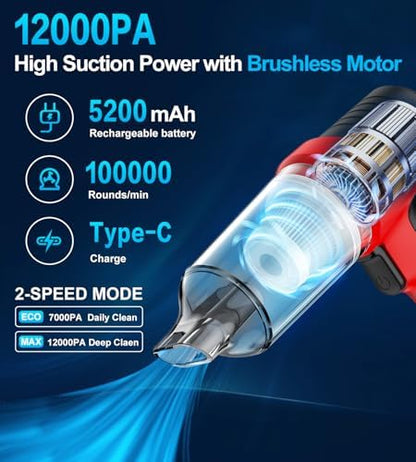 Car Vacuum Portable Cordless, 4 in 1 Mini Vacuum Cleaner Hight Power, 12000Pa Powerful Suction, Air Duster, Dual Filter,Adjustable Small Vaccum Portable Cordless for Car, Home, Pet, Office - Image 3