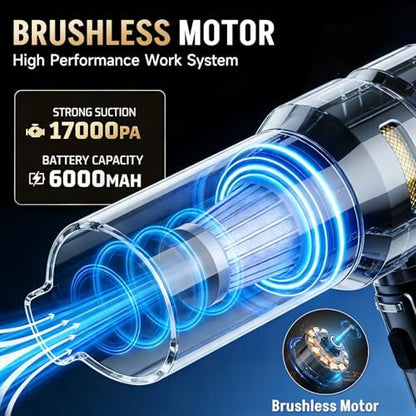 Car Vacuum Portable Cordless, 17000PA Cordless Handheld Car Vacuum Rechargeable, Brushless Motor with Digital Display, Mini Small Vacuums Cleaner for Office Desk Home Kitchen Car Pet Hair, Travel - Image 2