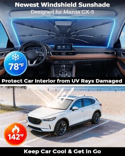 DMJN Umbrella Windshield Sun Shade for Mazda CX-5 (2013-2026), Car Sunshade for Front Windshield [Nano Ice-Crystal Coatings] UPF50+ Heat & UV Block, Protect Interior & Keep Cooler - Image 2