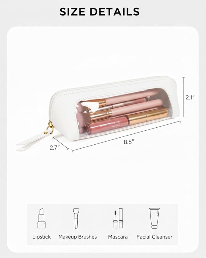 Cute Pencil Case Small,Clear Travel Makeup Brush Holder,Waterproof PU Leather Cosmetic Brush Pouch with Zipper,Portable Makeup Brush Organizer Case for Women Girls Daily Use (Chic White) - Image 8