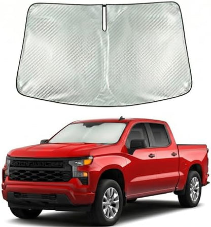 Windshield Sun Shade Custom Fit for 2019-2026 Chevy Silverado & GMC Sierra 1500-3500, Advanced Diamond-Patterned Heat Shield to Block UV Rays, Foldable Truck Visor, Precise Cutout by Giselia