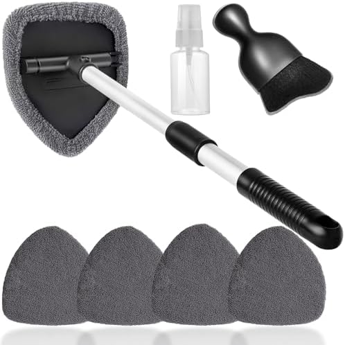 Qydipclin 7pcs Windshield Cleaner Tool Car Window Cleaning Wash Kit with 4 Reusable Microfiber Pads 1 Spray Bottle and Extendable Handle Auto Glass Wiper Kit, Gray by Qydipclin