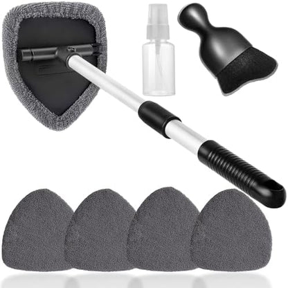 Qydipclin 7pcs Windshield Cleaner Tool Car Window Cleaning Wash Kit with 4 Reusable Microfiber Pads 1 Spray Bottle and Extendable Handle Auto Glass Wiper Kit, Gray by Qydipclin