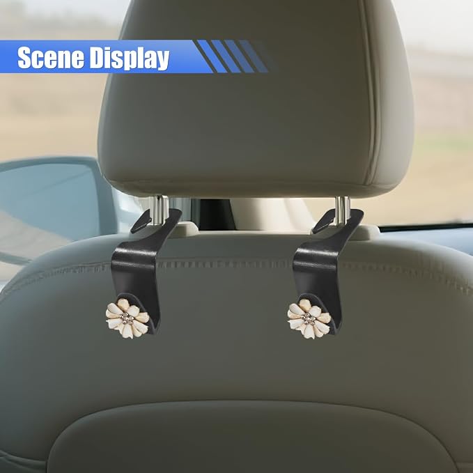 Craedli 2PCS Bling Car Seat Headrest Hook, Cute Rhinestone Flower Seat Back Storage Organizer Hanger Car Purse and Bag Hooks Holder, Universal Interior Accessories for Handbag Grocery Bag Coat (White) - Image 5