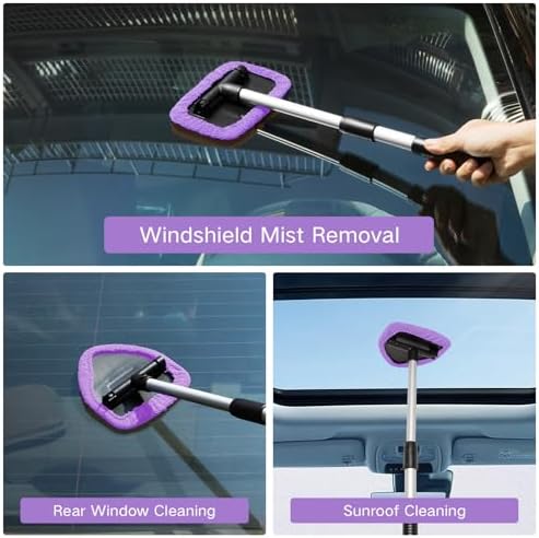 Qydipclin 7pcs Windshield Cleaner Tool Car Window Cleaning Wash Kit with 4 Reusable Microfiber Pads 1 Spray Bottle and Extendable Handle Auto Glass Wiper Kit, Purple - Image 2