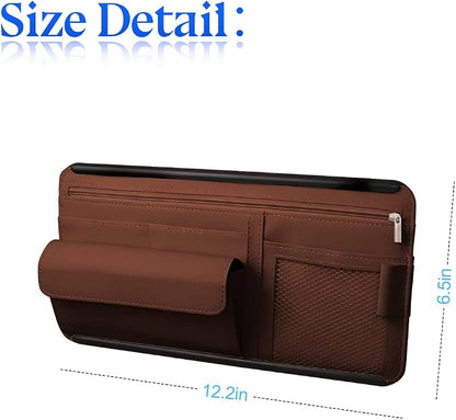 Zipelo 12.2 x 6.5 Inch PU Leather Car Sun Visor Organizer, Brown | ABS backing, mesh and zipper pockets, holds cards glasses pens and cables, dual elastic strap mounting, fits most sunshades - Image 2