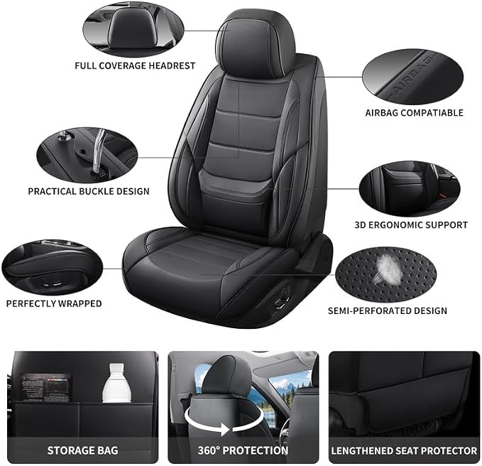 Car Seat Covers Full Set Fit For Toyota Land Cruiser 2000-2026, Black | Lumbar Support, Premium Faux Leather, Breathable, Anti-Slip, Airbag Compatible, Waterproof, Car Seat Protectors, 2 Row-5Seat - Image 3