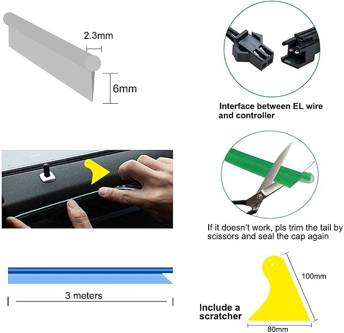 El Wire White Interior Car LED Strip Lights, 3M Neon Wire USB 5V with Fuse Protection for Automotive Interior Decoration, with 6mm Sewing Edge - Image 5