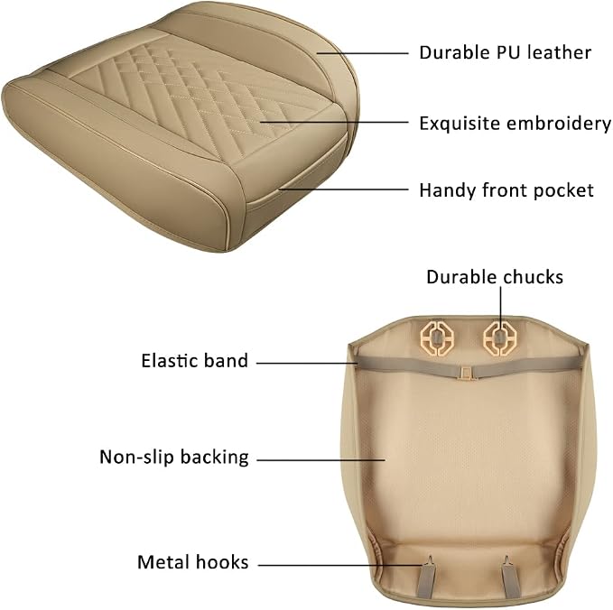 GIANT PANDA 1pack Front Car Seat Cover Bottom Seat Cover, PU Leather Driver Car Seat Protector Fits 95% of Vehicles, Wrapping Around The Bottom (Beige) - Image 5