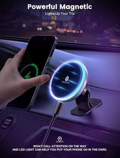 for Magsafe Car Mount Charger 15W LED RGB Car Phone Holder for Dash Vent | HandsFree Magnetic Wireless Car Charger Car Mount Fast Car Charger for iPhone 17 16 15/14/13/12 Series Graphite Black - Image 5