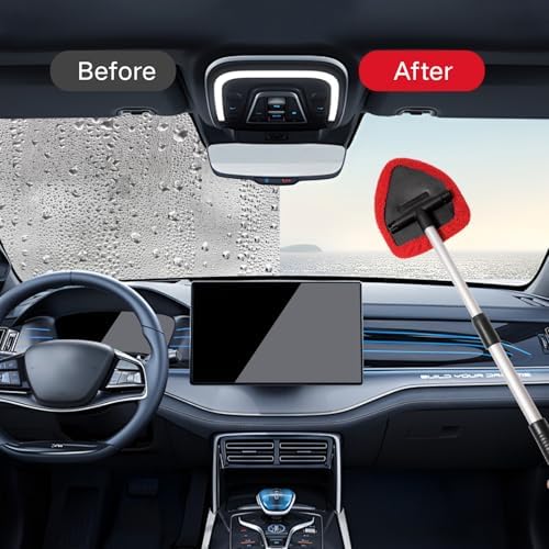 Qydipclin 11pcs Windshield Cleaner Tool, Car Window Cleaning Wash Kit with 6 Reusable Microfiber Pads 2 Spray Bottles and Extendable Handles Auto Glass Wiper Kit, Red - Image 3