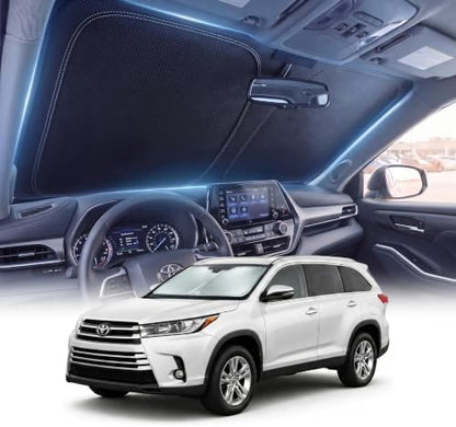 DMJN Front Windshield Sun Shade for Toyota Highlander (2020-2026), [Nano Ice-Crystal Coatings] UPF50+ Heat & UV Block, Protect Car Interior & Keep Cool, Flodable Steel-Ring Car Cover for Summer by DMJN