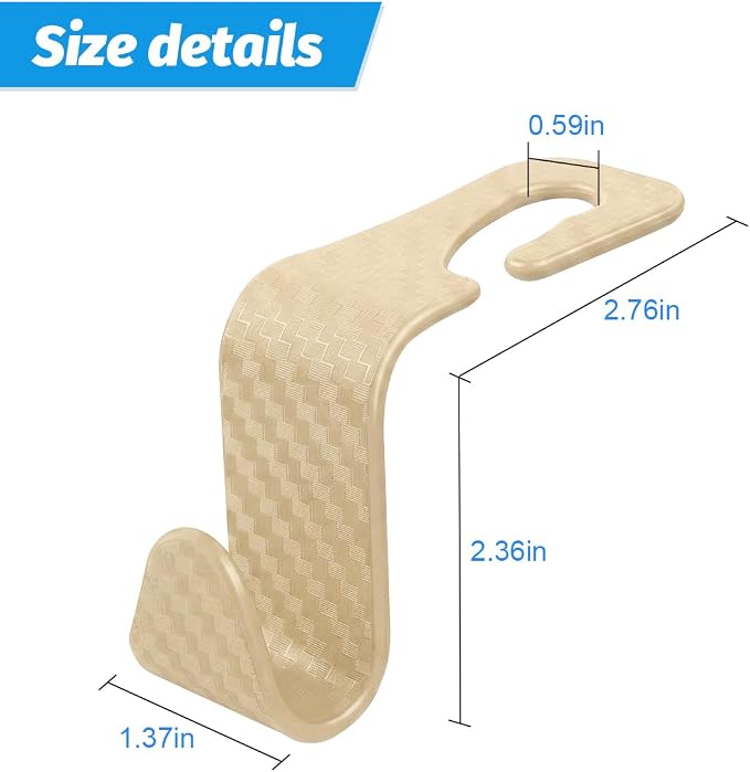 4 Pack Headrest Hooks for Vehicle Seats, Carbon Fiber/Beige | rear-row hanging storage, supports bags coats and groceries, fits matching headrest posts, interior accessory - Image 2