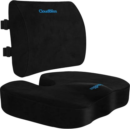 CloudBliss Ergonomic Seat Cushion & Lumbar Support Pillow Set, Black, XL | Back Pain & Sciatica Relief, Memory Foam Support, Adjustable Straps, Machine Washable Velvet, Perfect for Office, Car, Gaming by CloudBliss