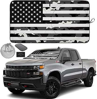 Autoamerics 1-Piece Windshield Sun Shade B&W Camo American Flag USA Design - Foldable Car Front Window Sunshade for Most Sedans SUV Truck - Blocks Max UV Rays and Keeps Your Vehicle Cool - Large by AutoamericsUS