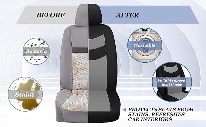 Universal Car Seat Covers for Front Seats, Cloth Front Car Seat Cover, Easy to Install, Breathable and Washable Universal Interior Covers for Auto, SUV, Sedan, Van, Airbag Compatible, Black & Grey - Image 2